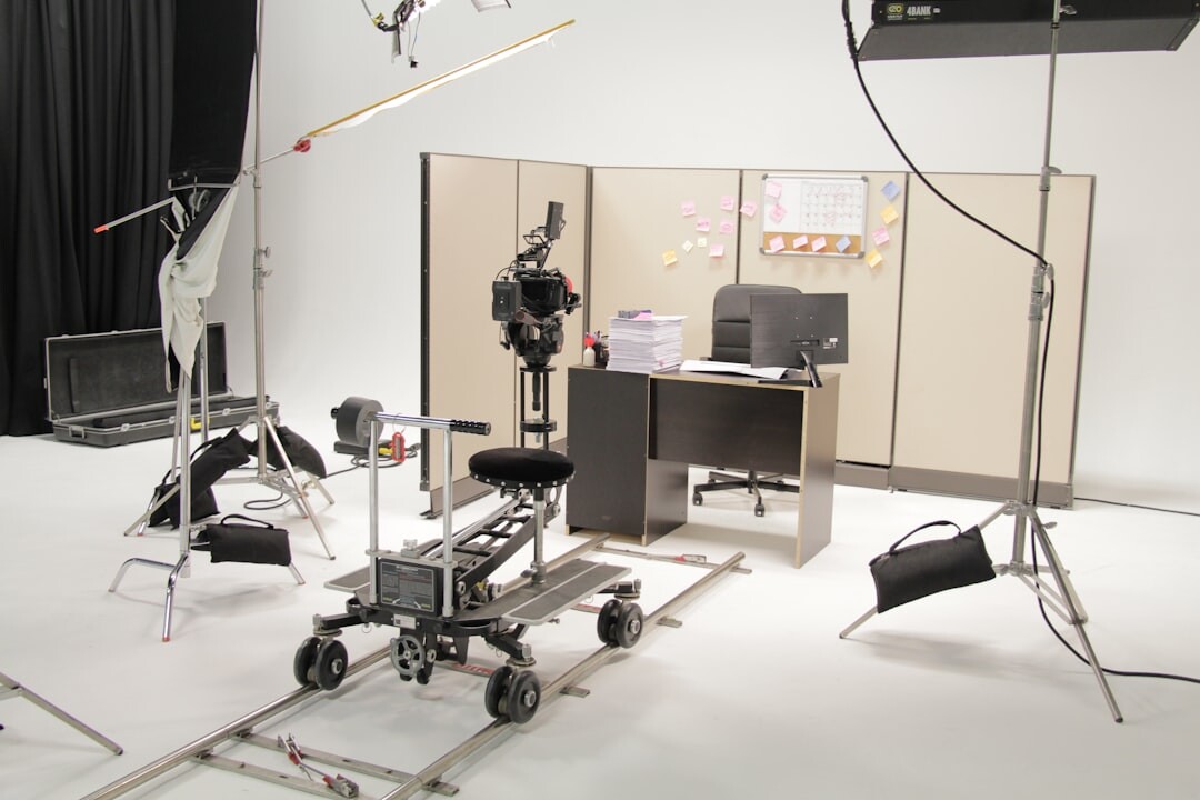 Vintage television studio interior with cameras and lighting rigs